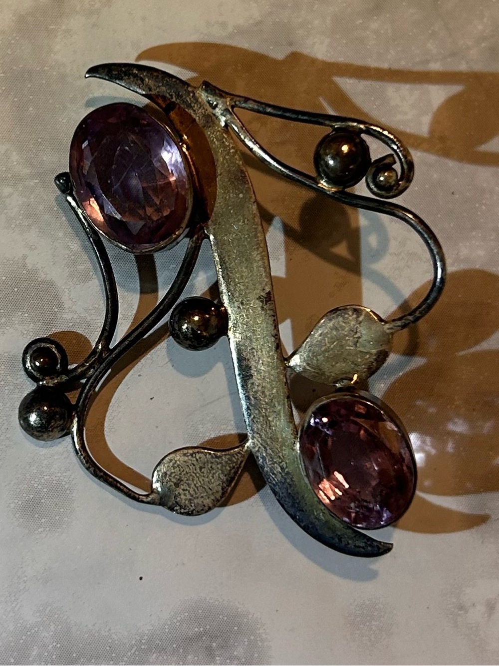 Vintage Silver Tone Brooch with Purple Stones